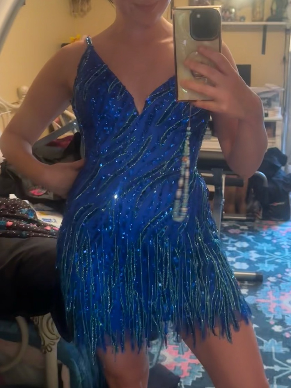 Blue Amarra Sequin Fringe V-Neck Mini Dress